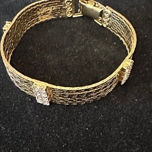 VTG Gold‑Tone Multi‑Chain Bracelet w/ CZ Bar Stations, Engraved Foldover Clasp